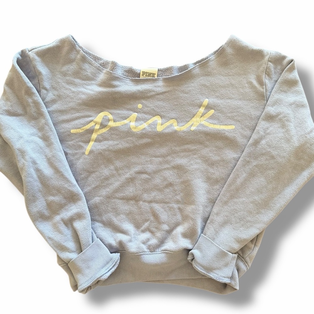 Victoria's Secret PINK Boatneck Crop Sweatshirt Blue/Purple Silver Logo XS